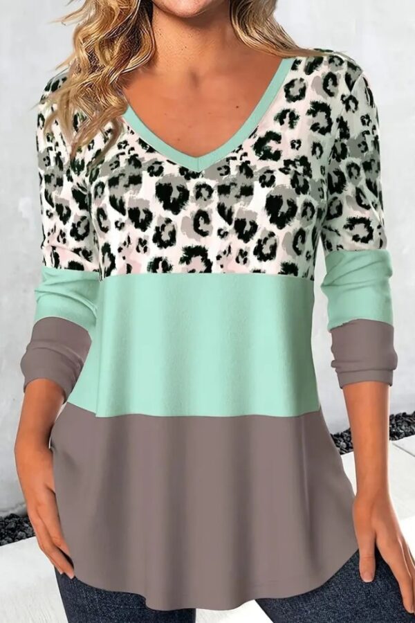 Kadın Uzun Kollu V Yakalı Leopar Baskılı şardonlu Dalgıç Bluz
