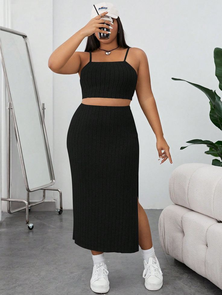 Kadın Kolsuz Askılı Crop Yırtmaçlı Midi Etek Fitilli Kaşkorse Takım - Görsel 7