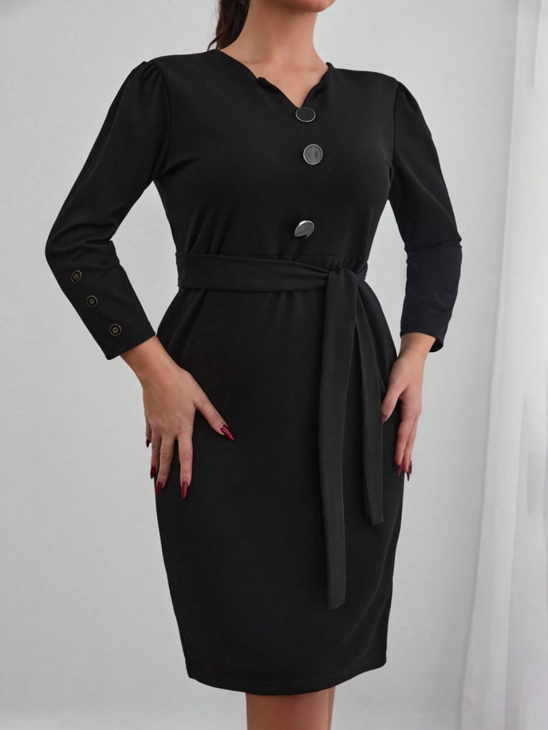 Kadın Uzun Kollu Düğme Detaylı Kendinden Kemerli Ithal Krep Elbise - Görsel 2