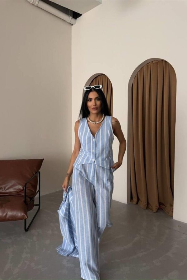 ÇİZGİLİ KETEN YELEK-PANTOLON TAKIM - Mavi