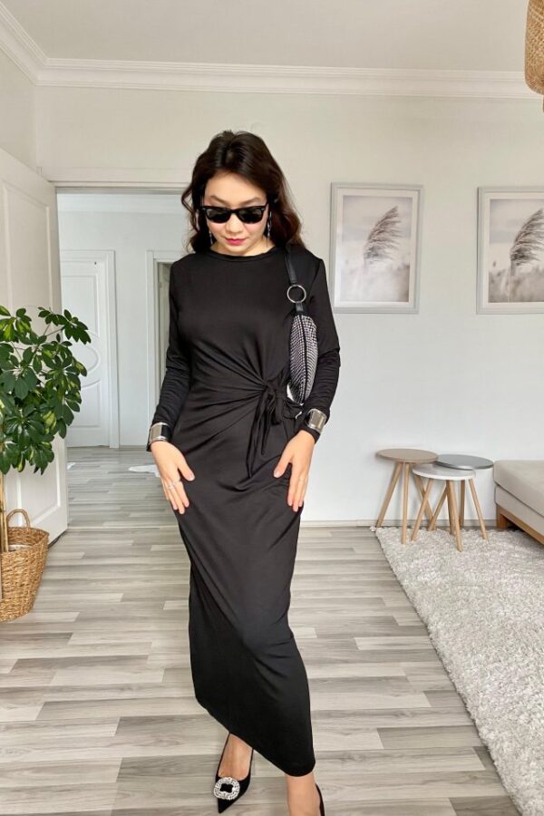 Kadın Uzun Kollu Bisiklet Yaka Belden çapraz Bağlamalı Yandan Yırtmaçlı Uzun Viskon Iki Iplik Elbise