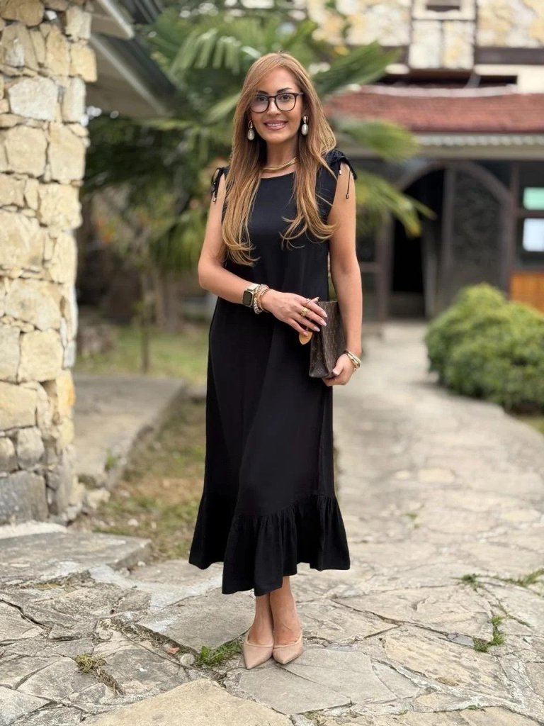 Kadın Omuzlardan Büzgülü Kayık Yaka Fırfırlı Janjan Krep Elbise - Görsel 8