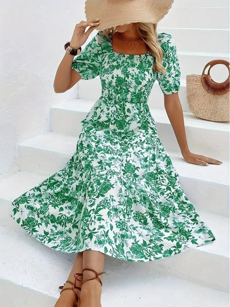 Kadın Kısa Kollu Kare Yakalı Lastikli Desenli Süprem Elbise - Görsel 10