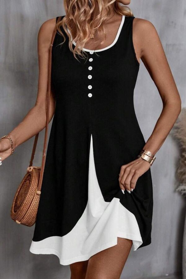 Kadın Askılı Yuvarlak Yaka önden Düğmeli çift Renkli Viskon Elbise