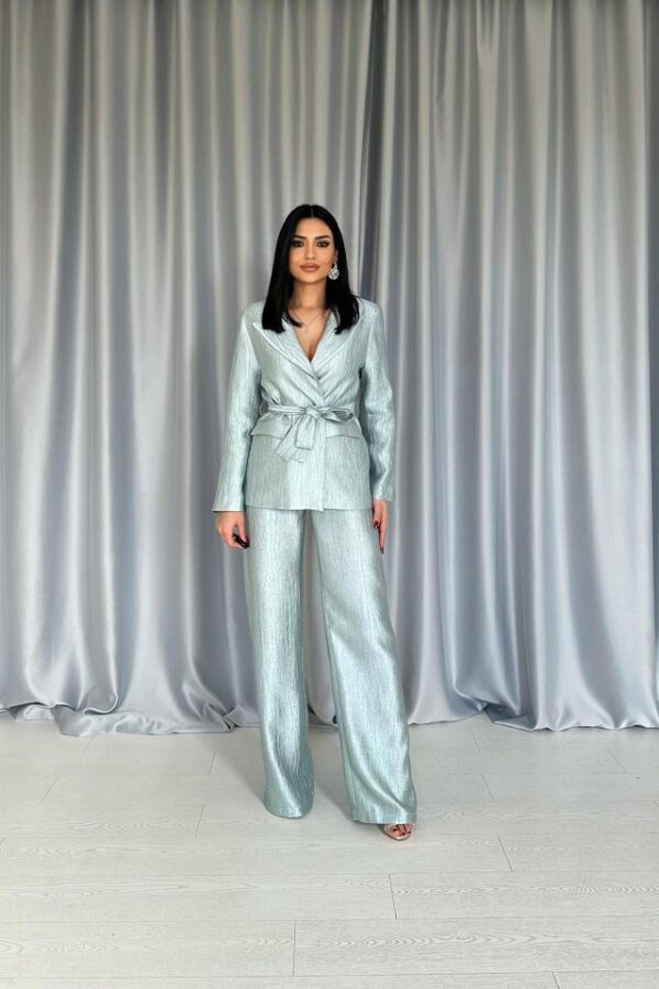 Pembe Beli Kuşaklı Ceket Ve Pantolon Parlak Takım