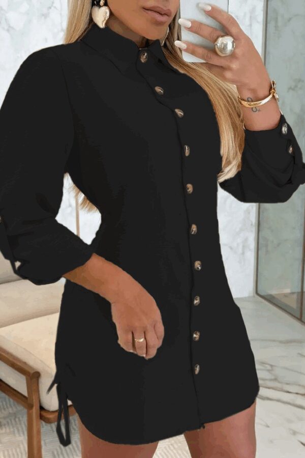 Kadın Uzun Kollu Gömlek Yaka önden Düğmeli Yanlardan Büzgülü Kısa Aerobin Elbise