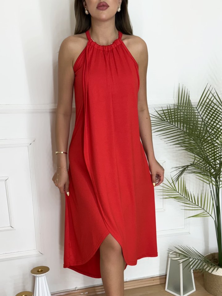 Boyun Askılı Eteği Kruvaze Kesim Viskon Kumaş Elbise - Görsel 2