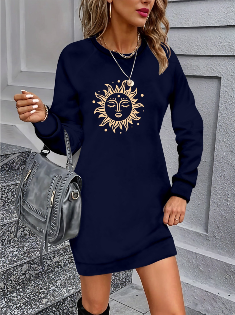 Kadın Uzun Kollu Bisiklet Yaka Güneş Desenli Viskon Iki Iplik Elbise - Görsel 3