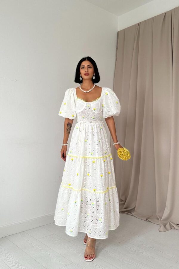 Sarı Dantel Detaylı Brode Elbise