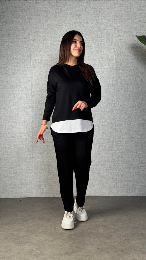 Kadın Uzun Kollu Kapşonlu Bağcıklı Viskon Iki Iplik Bluz Ve Pantolon Ikili Takım - Görsel 6