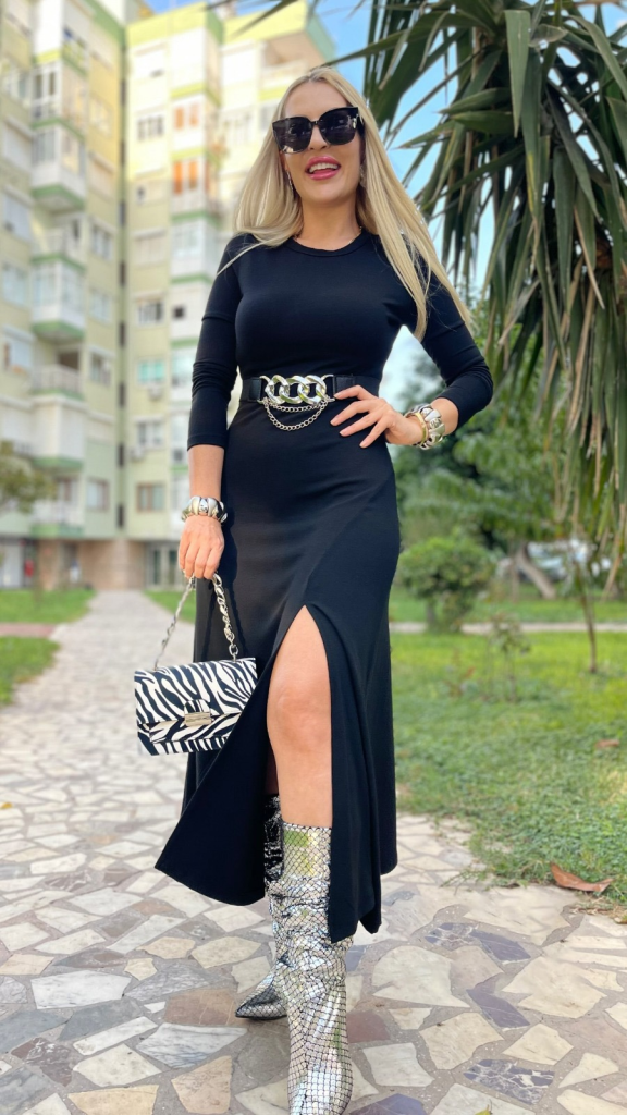 Kadın Uzun Kollu Bisiklet Yaka Yırtmaçlı Kemerli Uzun çilek Elbise - Görsel 3