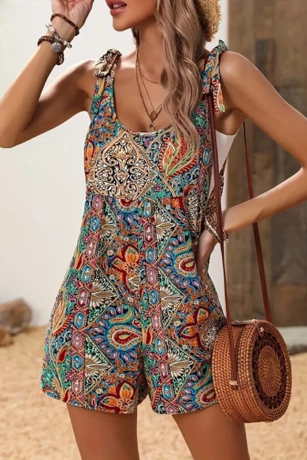 Kadın Omuzlardan Askılı Desenli Geniş Paçalı Süprem Tulum