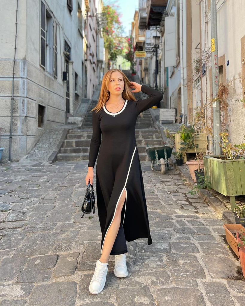 Kadın Uzun Kollu Yuvarlak Ribana Yaka Yırtmaçlı Uzun Viskon Iki Iplik Elbise - Görsel 7