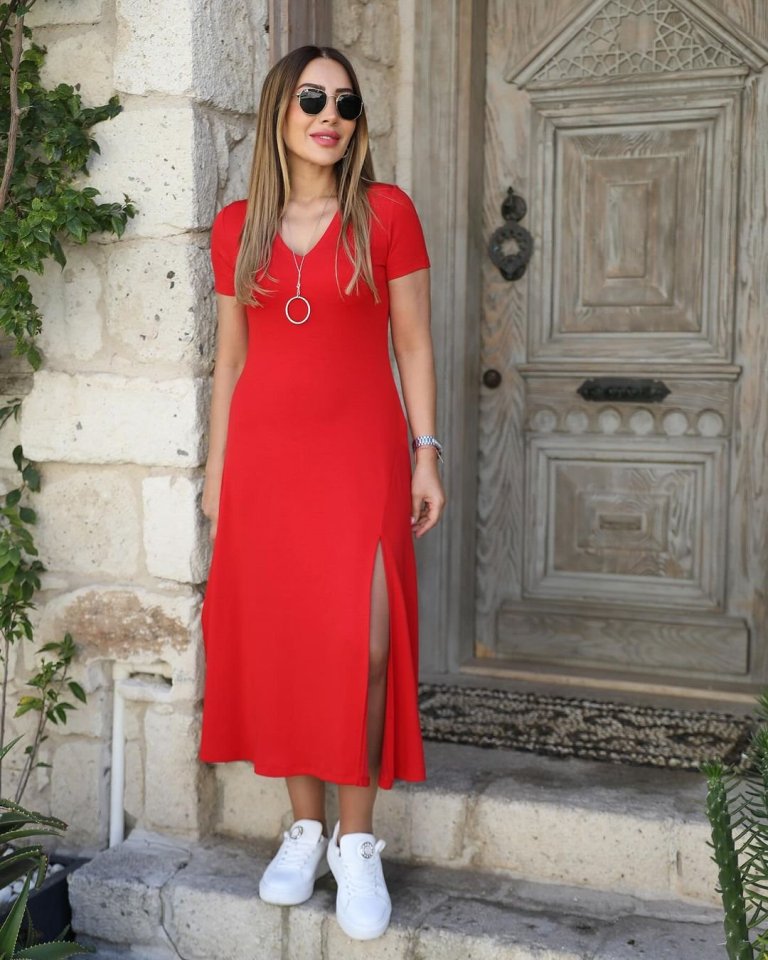 Kadın Kısa Kollu V Yaka Maxi Boy Elbise 124 Cm - Görsel 20