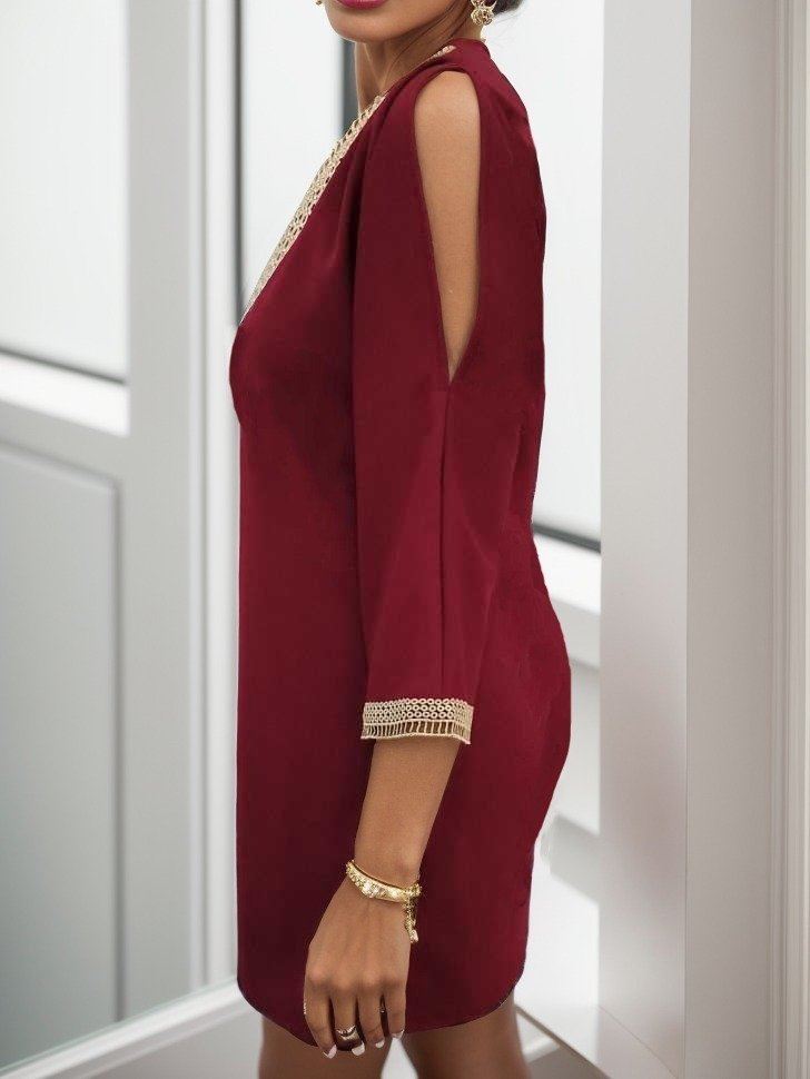 Kadın Uzun Kollu Yaka Ve Kol Manşet Güpürlü Detay Krep Mini Boy Elbise - Görsel 6