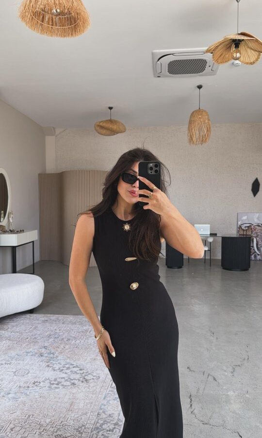 Kadın Bisiklet Yaka Broş Detay Yırtmaçlı Maxi Boy Ottoman Elbise