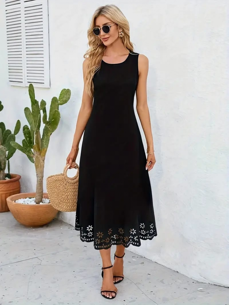 Kadın Kolsuz Etek Ucu Lazer Kesim çiçek Desenli Midi Boy Janjan Krep Elbise - Görsel 3