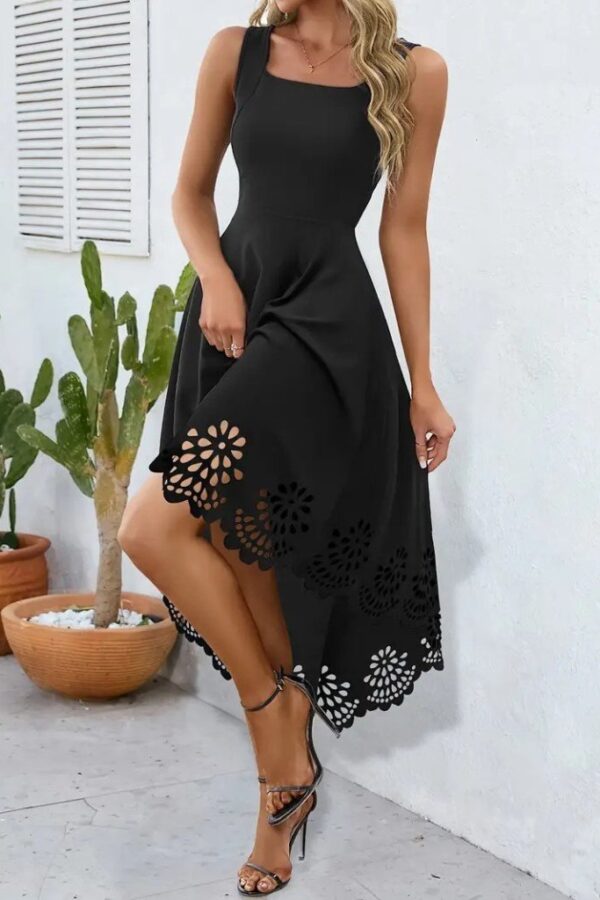 Kadın Askılı Geometrik Yaka çiçek Lazer Kesim Ithal Krep Elbise