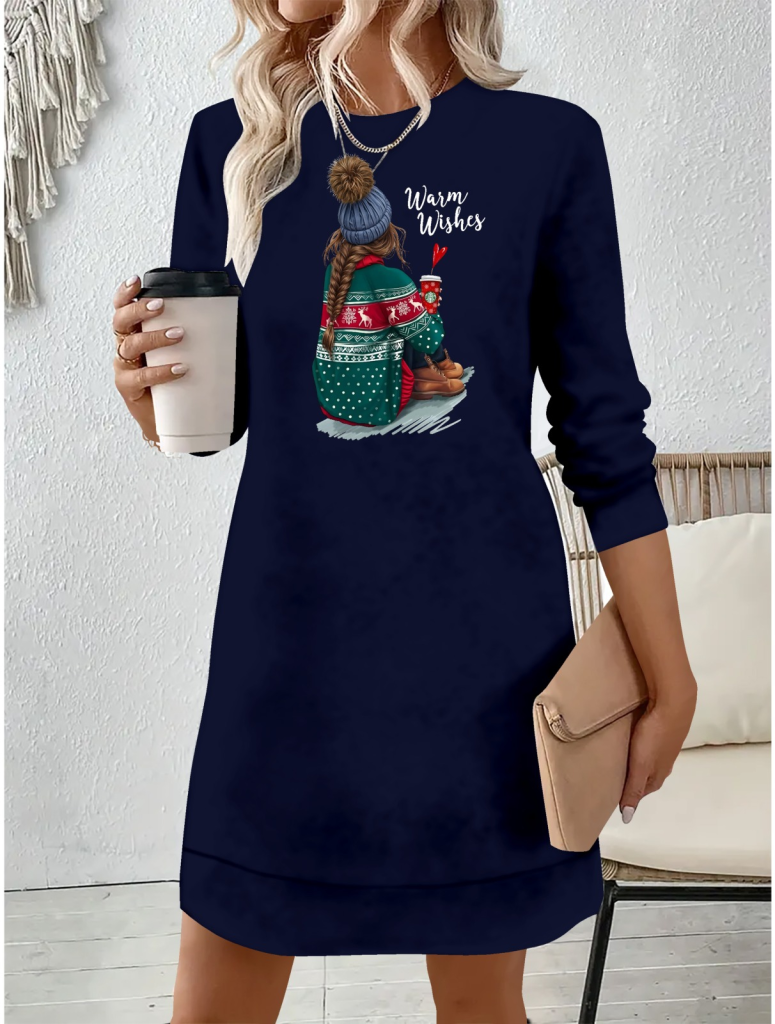 Kadın Uzun Kollu Bisiklet Yaka Desenli Viskon Iki Iplik Elbise - Görsel 6