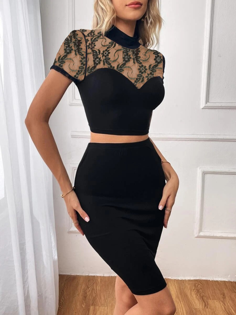 Kadın Kısa Kollu Yarı Balıkçı Yaka Dantelli Straplez Ithal Krep Crop Bluz Ve Etek Ikili Takım - Görsel 2