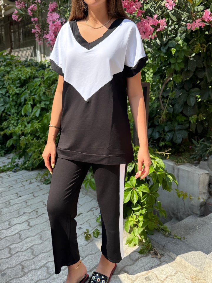 Kadın Kısa Kollu V Yaka Siyah Beyaz Renkli Viskon Iki Iplik Kumaş Eşofman Takımı - Görsel 5
