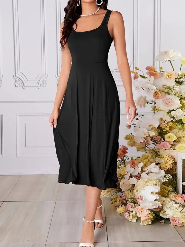 Kadın Askılı Kare Yaka Yırtmaçlı Midi Janjan Krep Elbise - Görsel 4