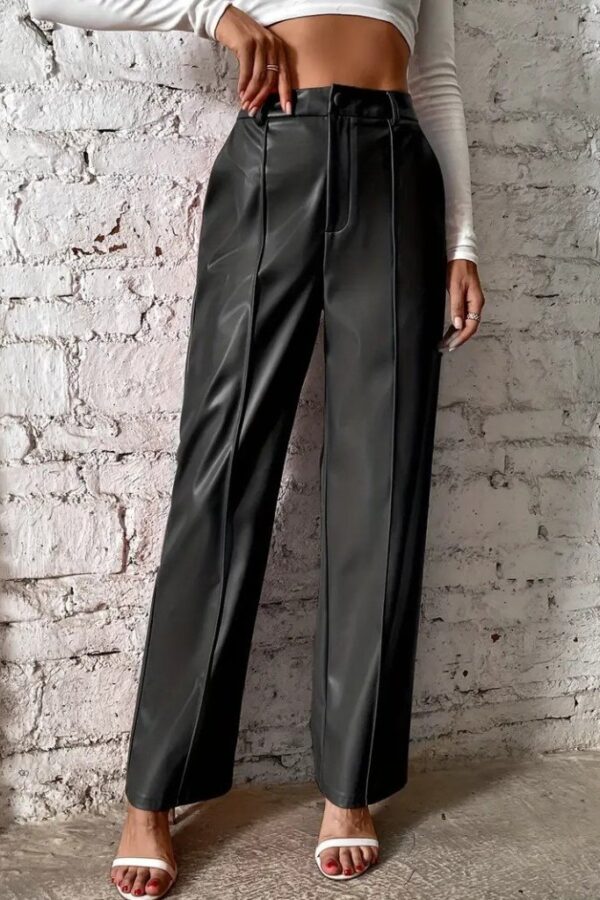 Kadın önden Fermuarlı Cepli Geniş Kesim Lame Deri Pantolon