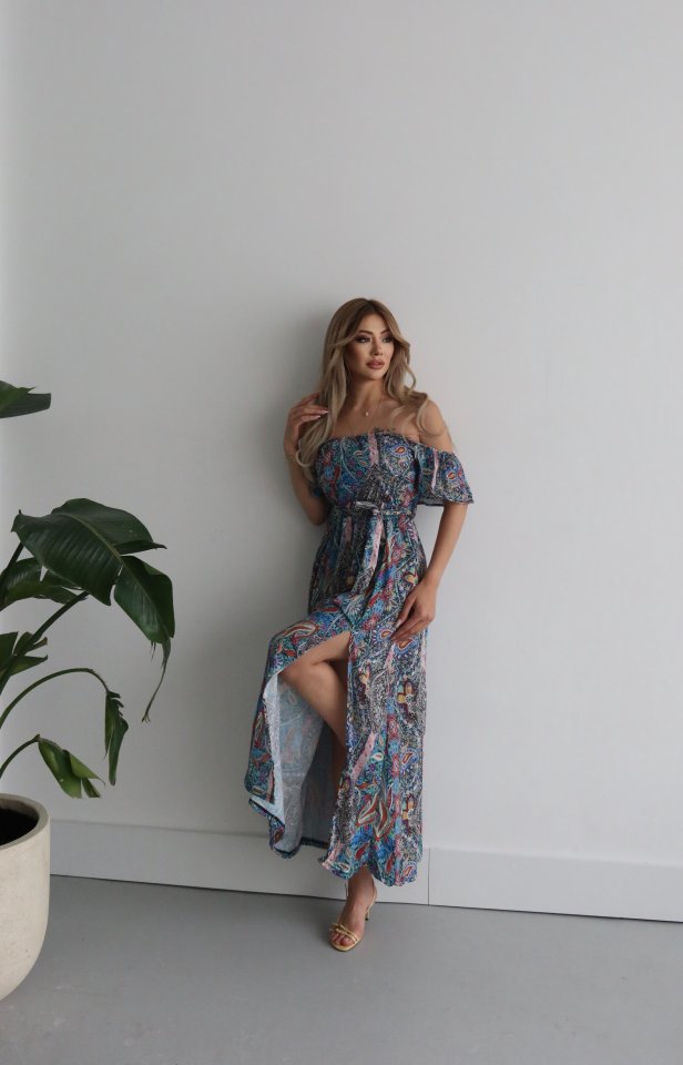 Kadın Kısa Kollu Madonna Yaka Fırfırlı Belden Yırtmaçlı Maksi Süprem Elbise - Görsel 5