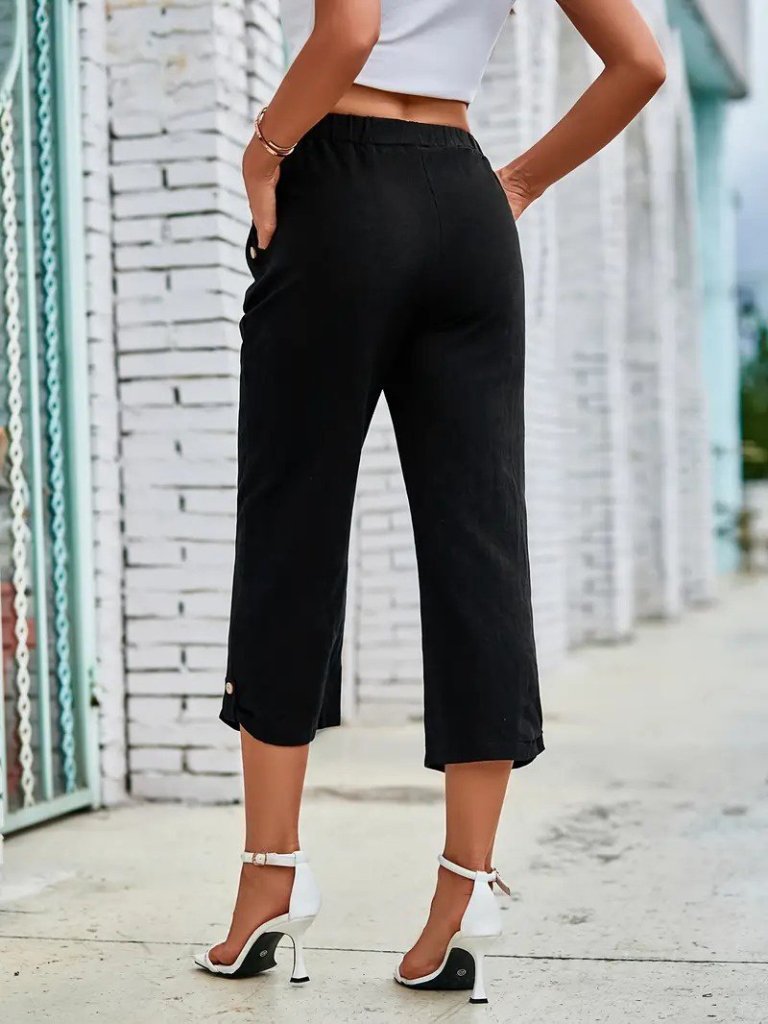 Kadın Beli Lastikli Düğme Ve Cep Detaylı Kapri Ithal Keten Pantolon - Görsel 5