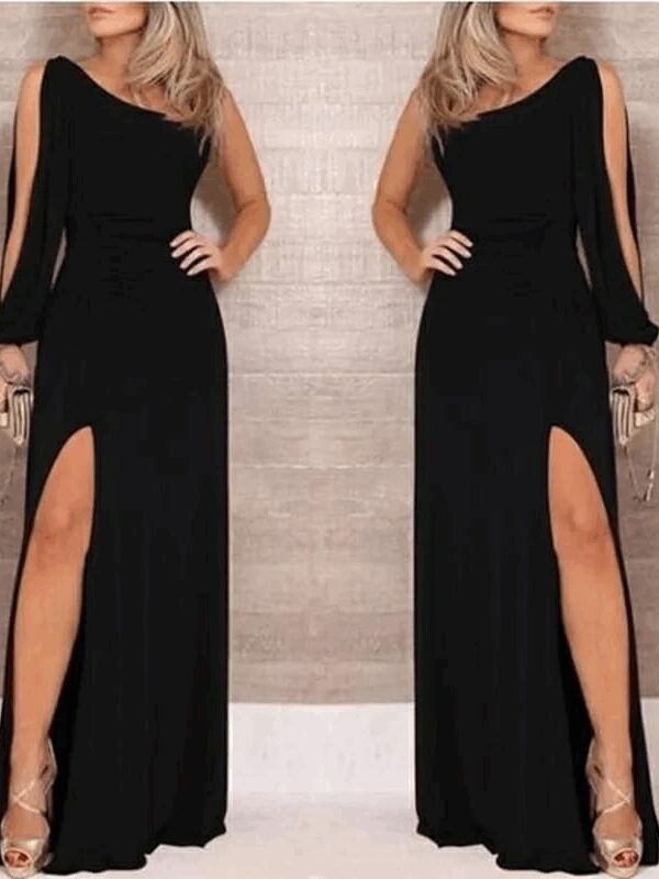 Tek Omuz Açık Derin Yırtmaçlı Krep Tam Boy Elbise