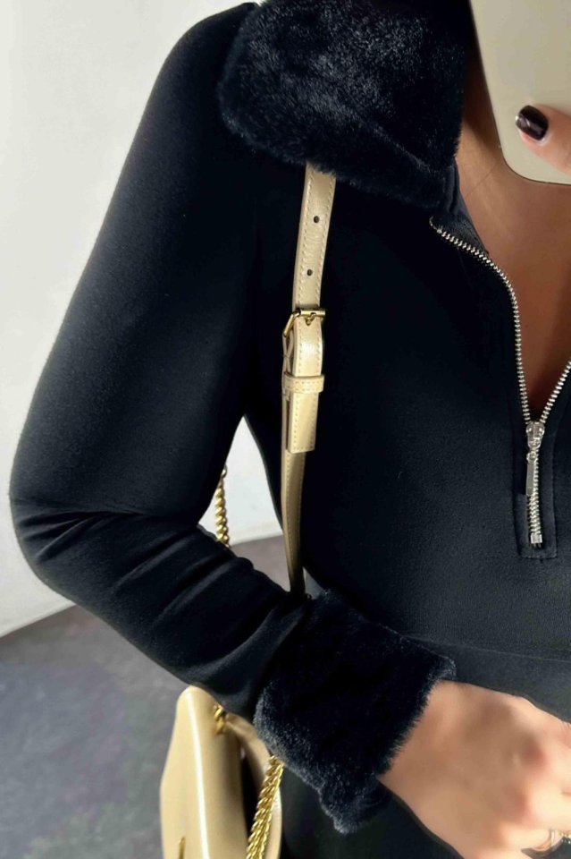 Kadın Uzun Kollu Yaka Ve Manşetleri Peluş Detay Fermuar Dekolteli Mini Elbise - Görsel 9