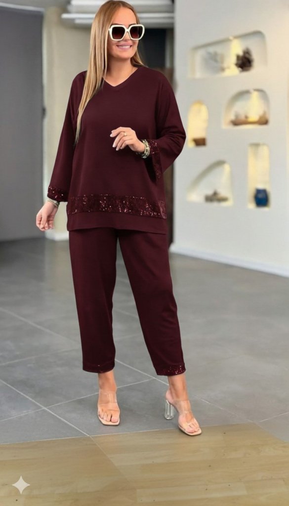 Kadın Uzun Kollu V Yakalı Pulpayet Viskon Iki Iplik Bluz Ve Pantolon Takım - Görsel 4