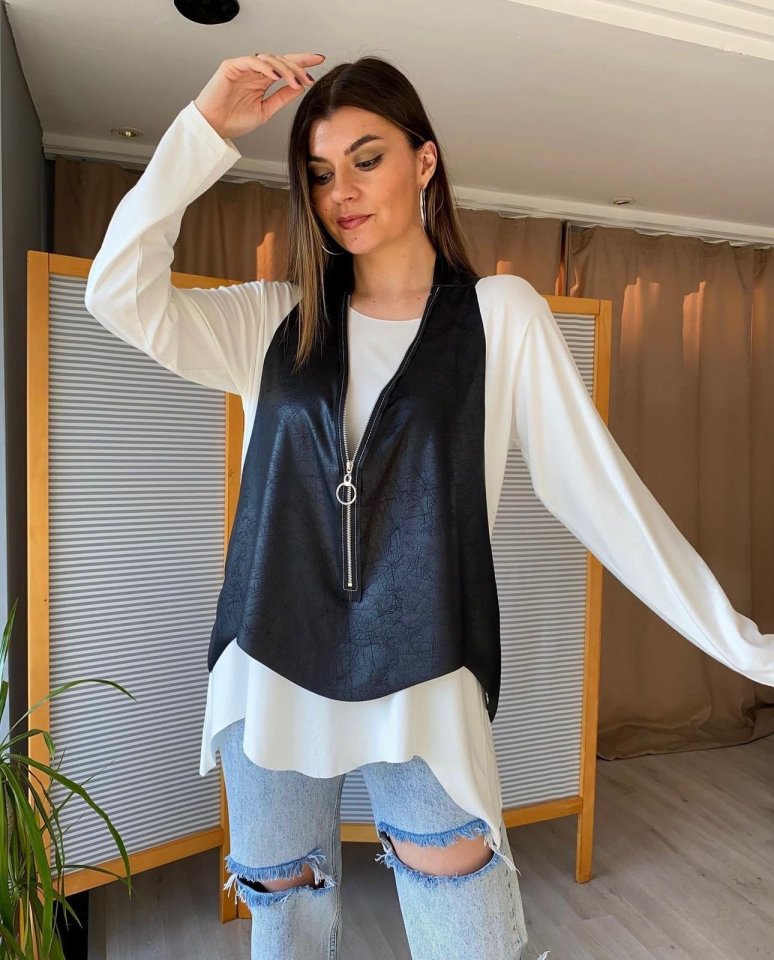 Kadın Uzun Kol Asimetrik Kesim Viskon Bluz Ve çatlak Deri Görünümlü Fermuar Detaylı Yelek Ikili Takım - Görsel 11