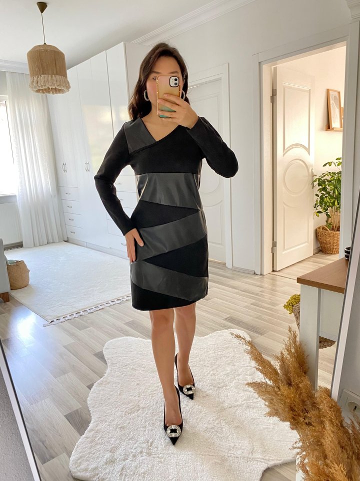 Kadın Uzun Kollu Asimetrik Yaka Süet Ve Deri Mini Boy Elbise - Görsel 2