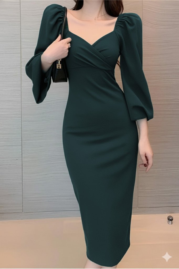 Kadın Uzun Kollu Kalp Yakalı Midi Ithal Krep Elbise - Görsel 10