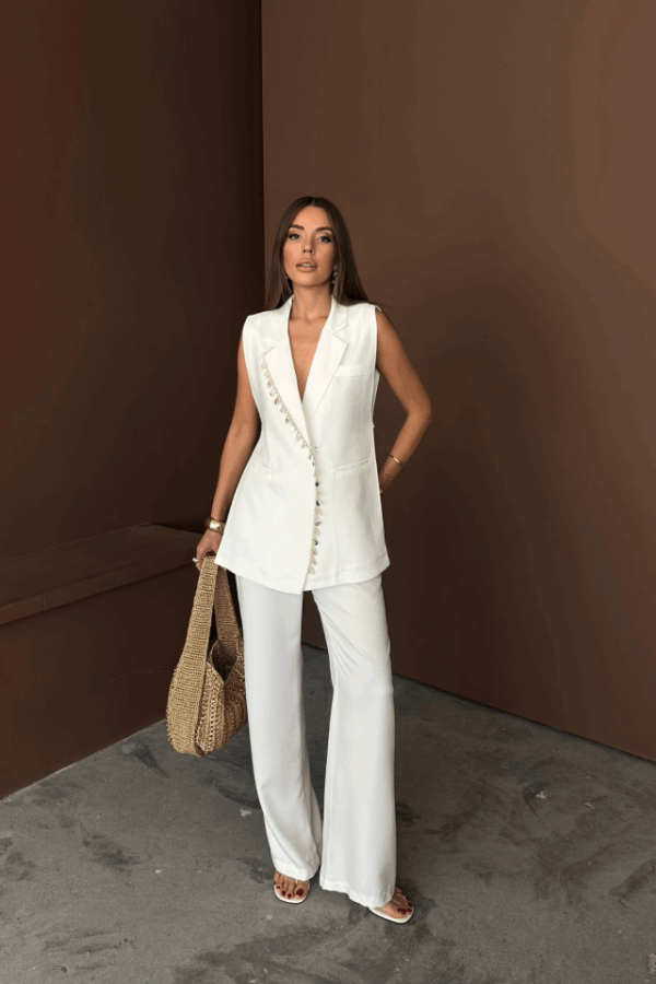 YAKA MİDYE KABUĞU SIRALI YELEK - PANTOLONTAKIM KETEN KUMAŞ - Ham