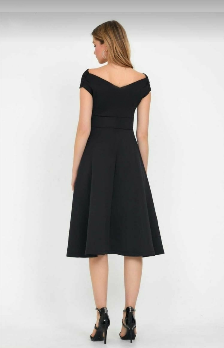 Düşük Omuz Eteği Pileli Krep Kumaş Midi Boy Elbise - Görsel 3