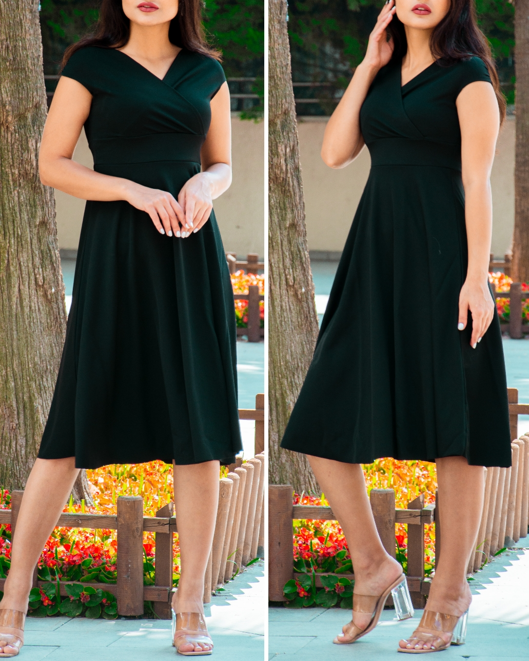 Düşük Omuz Eteği Pileli Krep Kumaş Midi Boy Elbise - Görsel 4