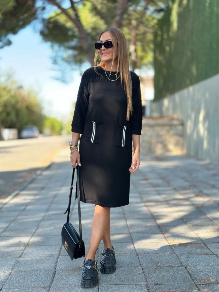 Kadın Viskon Pamuklu Kumaş Kol File , şerit Ve Cep Detaylı Elbise - Görsel 5