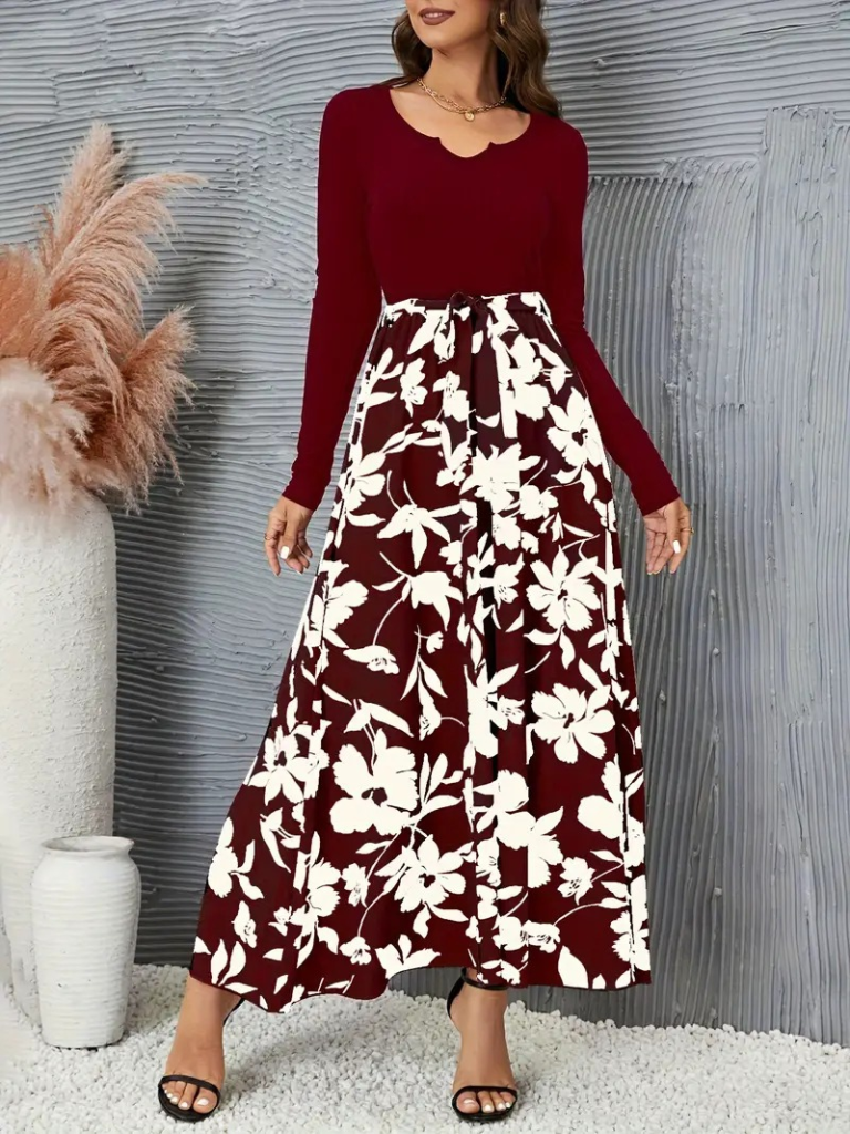 Kadın Uzun Kollu Yaka Açık üst Kaşkorse Beli Kuşaklı Alt çiçek Baskılı Dalgıç Elbise - Görsel 5