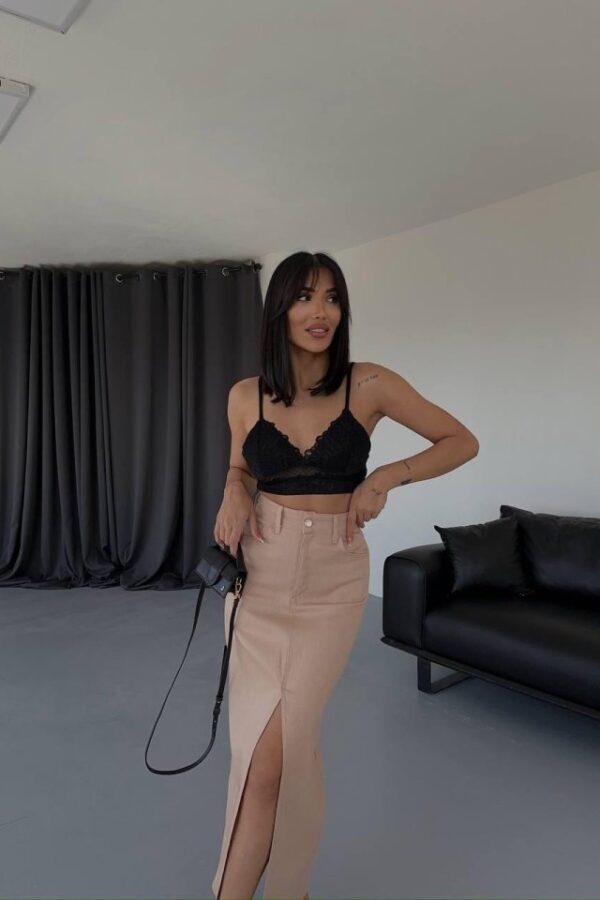 GABARDİN UZUN ÖNDEN YIRTMAÇLI ETEK - Mavi