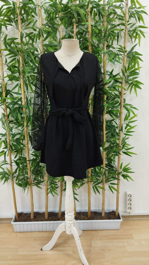 Kadın Uzun Kollu Yakadan Bağcıklı Belden Kuşaklı Ithal Krep Elbise - Görsel 4