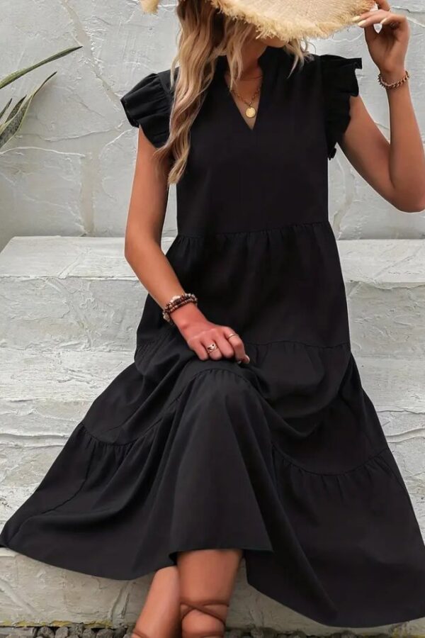 Kadın Kısa Kollu V Yakalı Geniş Kesim Uzun Trikoton Elbise