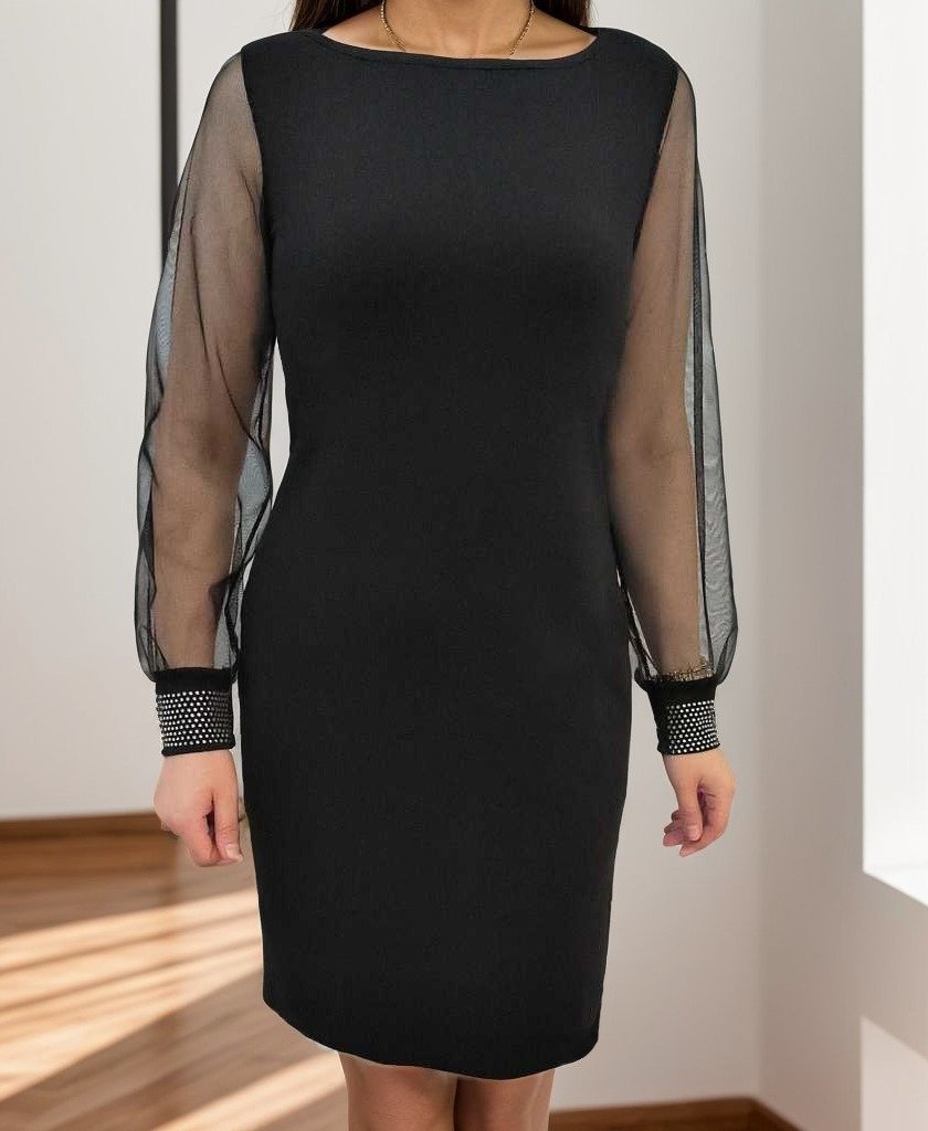 Kadın Uzun Kollu Bisiklet Yaka Kollar Tül Manşet Taş Işlemeli Krep Elbise - Görsel 5