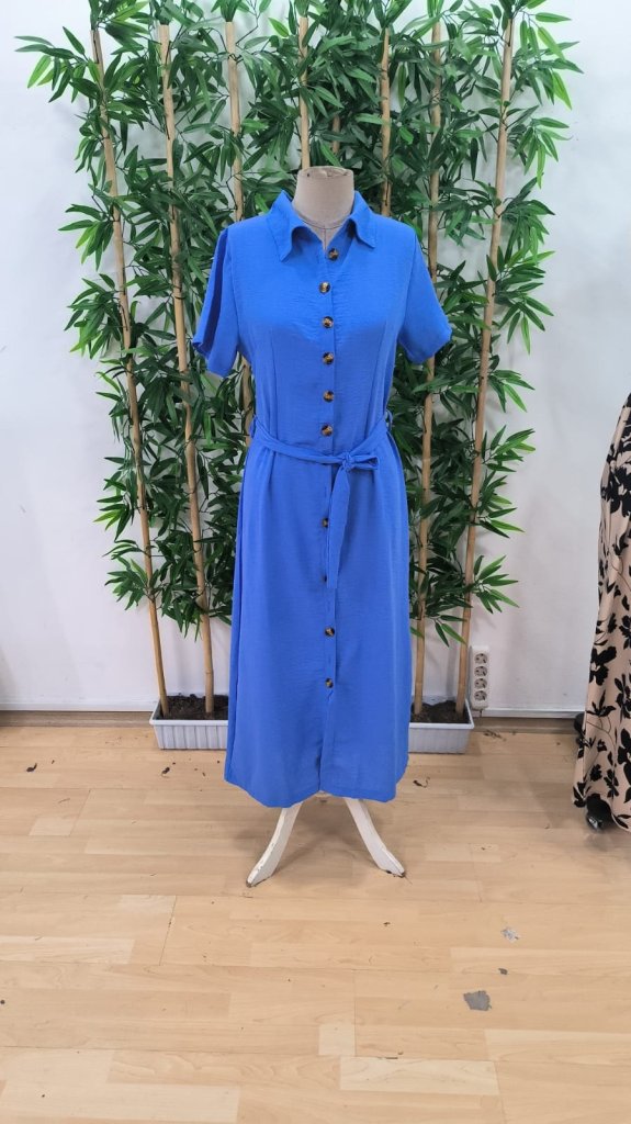 Kadın Kısa Kollu Yakalı önden Düğmeli Beli Kuşaklı Ithal Keten Elbise - Görsel 4