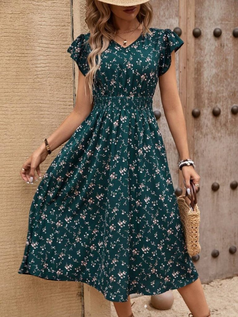 Kadın Kısa Kollu V Yakalı Beli Lastikli çiçek Desenli Süprem Elbise - Görsel 2