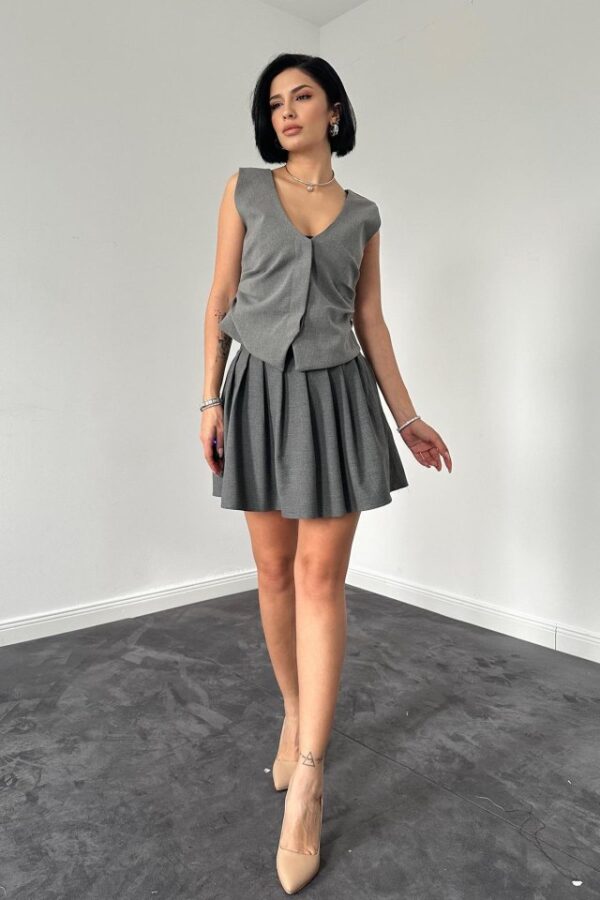 Gri Pilikaşe Mini Etek