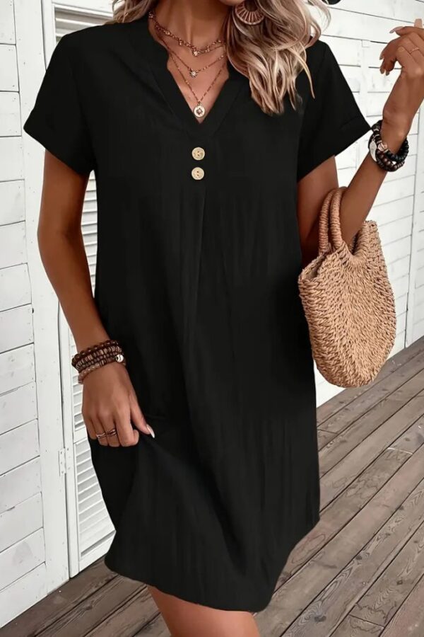 Kadın Kısa Kollu V Yakalı Düğmeli Müslim Kısa Elbise
