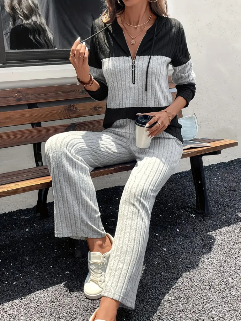 Kadın Uzun Kollu Kapşonlu önden Fermuarlı şardonlu Kaşkorse Bluz Ve Pantolon - Görsel 3