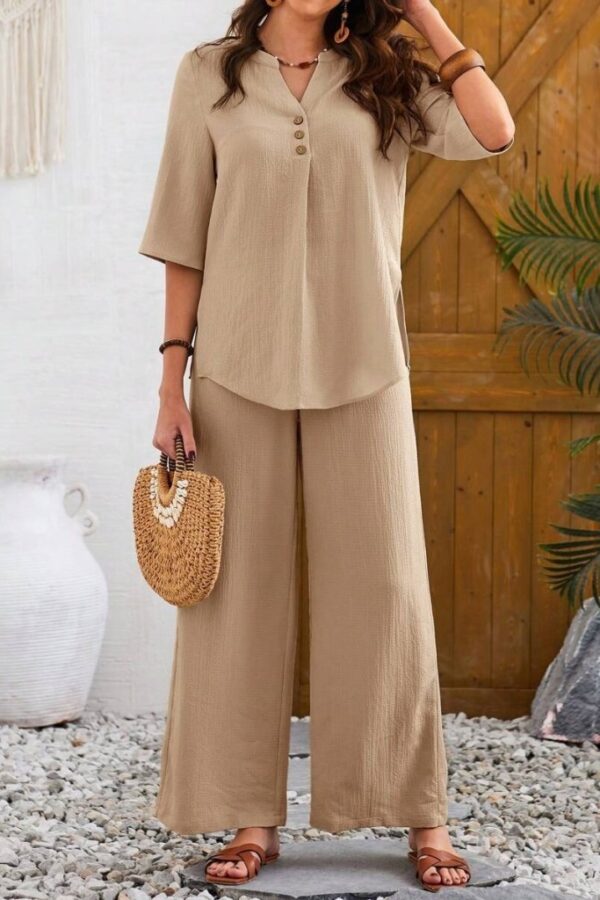 Kadın Kısa Kollu V Hakim Yaka Düğmeli Bürümcük Bluz Ve Pantolon Ikili Takım